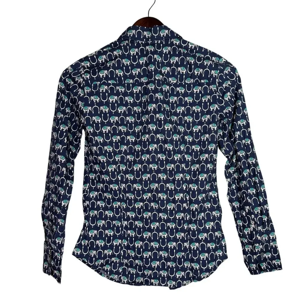 J. Crew Long Sleeve Perfect Fit Novelty Print Elephants Shirt 00 Navy Blue White